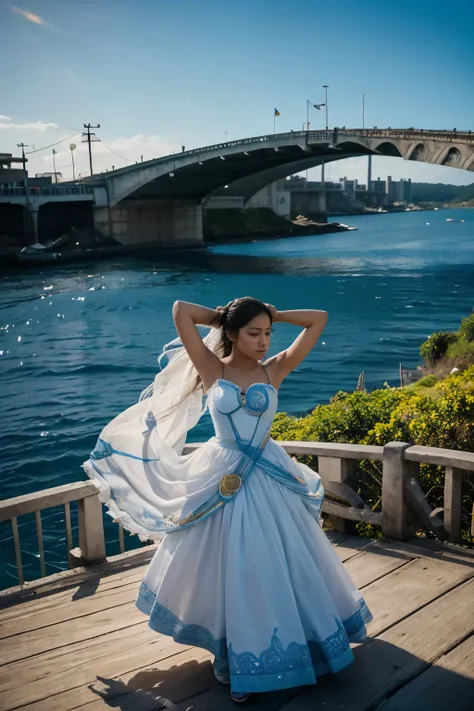 The artwork depicts a dreamlike scene inspired by the Philippine opera "Sandugong Panaginip" (The Dreamed Alliance).  The central figure is a woman dressed in flowing white and blue fabric scraps, symbolizing the Philippines.  She stands on a bridge connec...