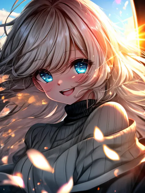 girl, off shoulder sweater, Upper body, (great laugh:1.1), (open your mouth:1.1), (wide open eyes:1.2), glare of the sun, Bokeh, Depth of the bounds written, blurred background, particles of light, strong wind, (heart particles:1.1)