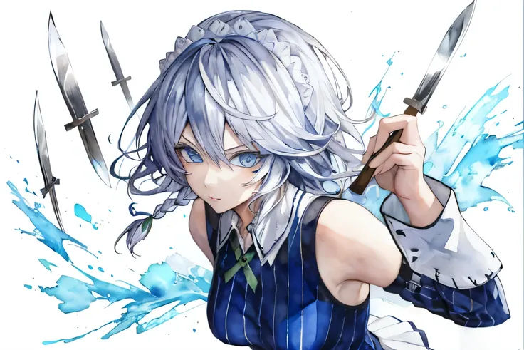 1girl, solo, Paintings, Top  Quality, (watercolor), (Partially painted:1.1) On a white background, colourful colors,  sakuya izayoi, silver hair, maid dress, white apron, very short skirt, sexy pose, flying knive, holding knife, sleeveless outfit, detailed...