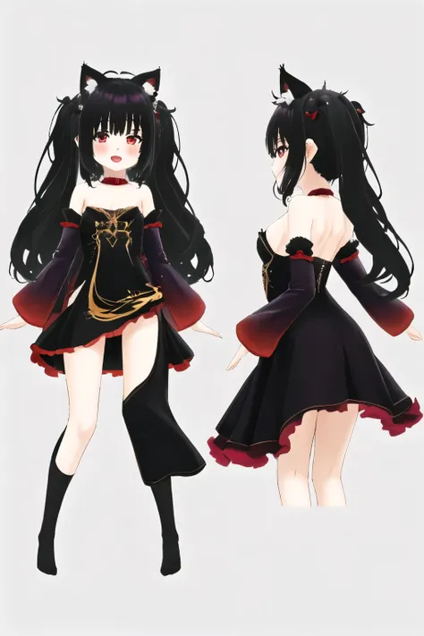 (obra maestra),(Mejor calidad),ultra detallado,1 chica, Axilas, Arms behind the head, brazos arriba, Golpes, escote, dakimakura (medio), ,((long hair slightly wavy slightly past the shoulders, black bangs, small black pigtails on the sides, cute cat ears, ...