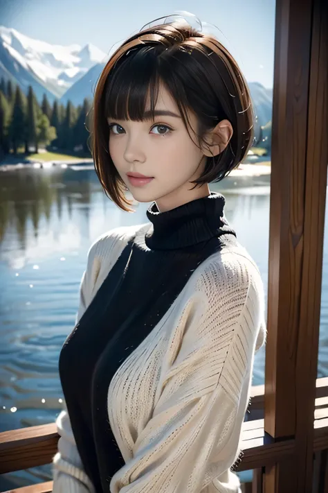 ♥((black long knit sweater)),((1girl,cute,young,pixie cut beautiful brown hair,blunt bangs,beautiful eyes)),(solo), ((realistic:1.5,Beautiful girl RAW photo)),(looking at the viewer), innocent smile,cinematic lighting and pause,beautiful icy lake and mount...