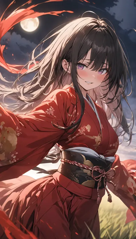 (highest quality、masterpiece、High resolution、detailed), BREAK,(Shining eyes、detailed beautiful face)､anime、masterpiece, anime、, BREAK,highest quality, samurai in red kimono, Fabric flowing through the air, moon, northern grassland, software