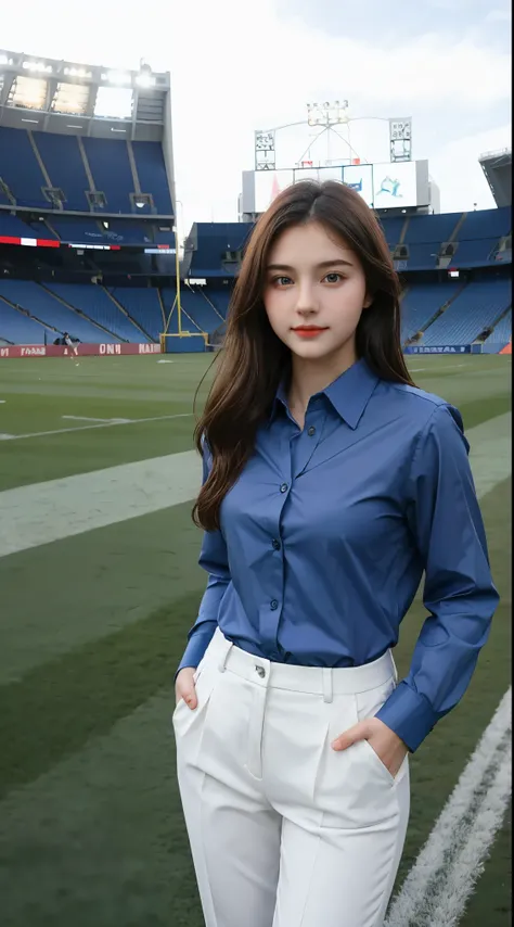 Gorgeus Girl, Beautiful, Baby Face, 20 Years Old, White Skin, Sexy Pose, woman trousers, Blue Eye, Bokeh, football stadium Background, Masterpiece, Fullbody Shot, business suits, long red shirt