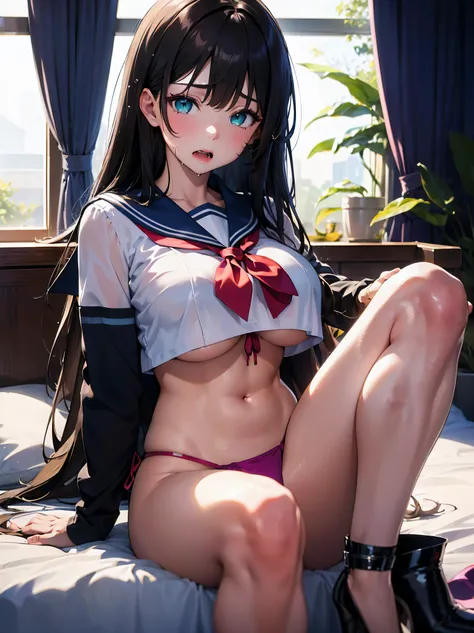 1 woman, HD quality, (ahegao:1.3), (orgasm:1.3), (drooling:1.3), steam, sheer white long thigh-high socks, sheer white satin long gloves, (glowing eyes), best ratio four finger and one thumb,  (Large breasts), cleavage, (((sitting on a bed with one knee up...