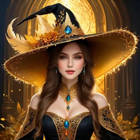 (best quality,ultra-detailed,realistic:1.37),luxurious golden witch hat,A beautiful witch,detailed golden threads,exquisite embroidery,golden Leaf embellishments,ornate Gold feather trim,majestic and enchanting witch hat,rich and vibrant colors,vivid and s...