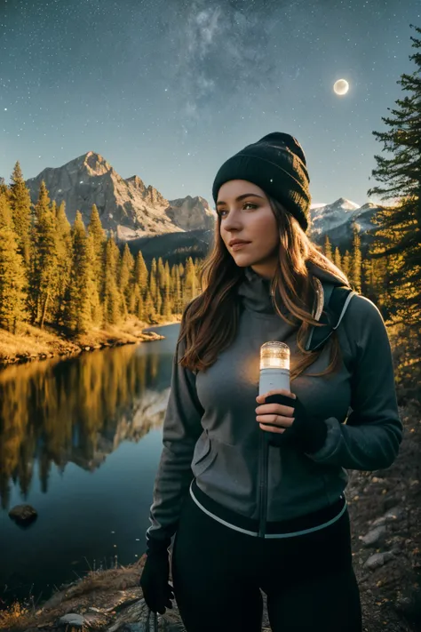 1 woman((full body shot, happy)), masterpiece, best quality, ultra-detailed,  solo, outdoors, (night), mountains, nature, (stars, moon)   cheerful, happy, backpack, sleeping bag, camping stove, water bottle, large ass, wide hips, tight black yoga pants, mo...