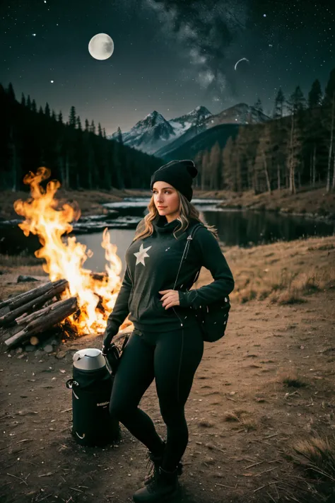 1 woman((full body shot, happy)), masterpiece, best quality, ultra-detailed,  solo, outdoors, (night), mountains, nature, (stars, moon)   cheerful, happy, backpack, sleeping bag, camping stove, water bottle, large ass, wide hips, tight black yoga pants, mo...