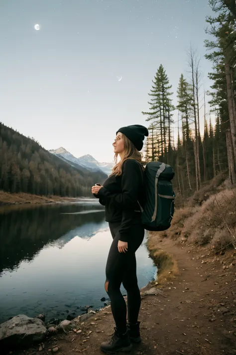 1 woman((full body shot, happy)), masterpiece, best quality, ultra-detailed,  solo, outdoors, (night), mountains, nature, (stars, moon)   cheerful, happy, backpack, sleeping bag, camping stove, water bottle, large ass, wide hips, tight black yoga pants, mo...