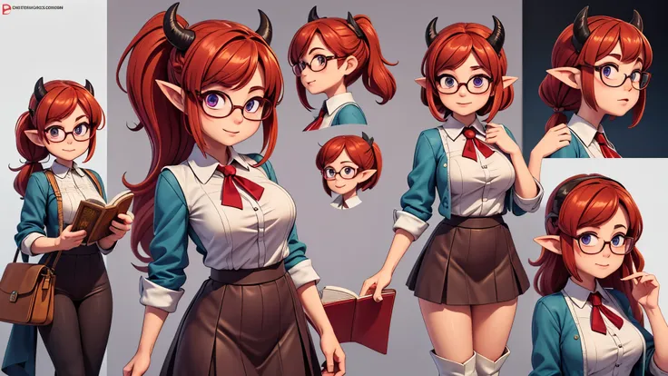 (Masterpiece, best quality), detailed, character sheet, many items (the same person, medieval royal clothes, magic academy uniform, blouse, skirt, glasses, reading glasses, white boots, many parts), athletic, busty, demon, demon girl, detailed beautiful pu...