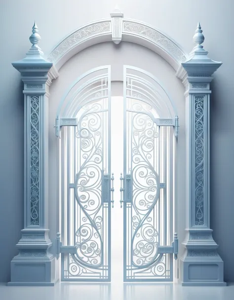 use 3d digital illustration style, the gate of ethereal, front view, symmetrical, volumetric lighting,minimalist, solid color ba...