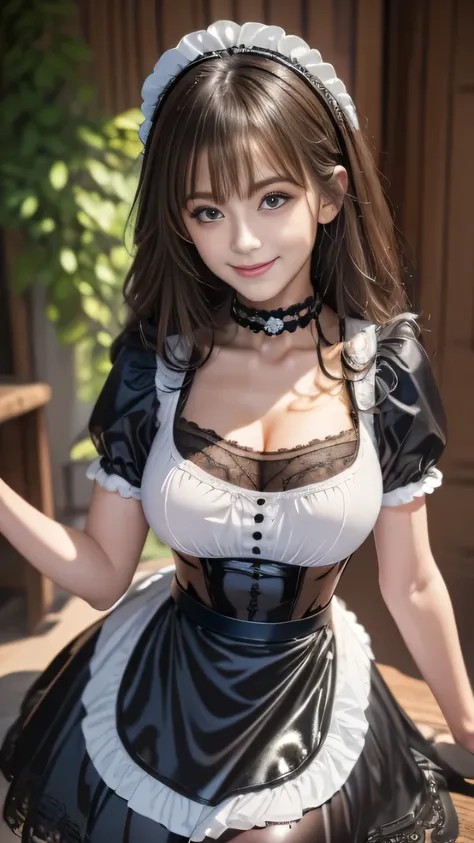 ((highest quality, 8K, Representative works in detail, ultra high resolution)), (looking at the viewer), (cowboy shot), attractive woman, ((big breasts)), smile, ((black choker)), slim body shape, (Blue colored contacts), long eyelashes, bangs, Beautiful ...
