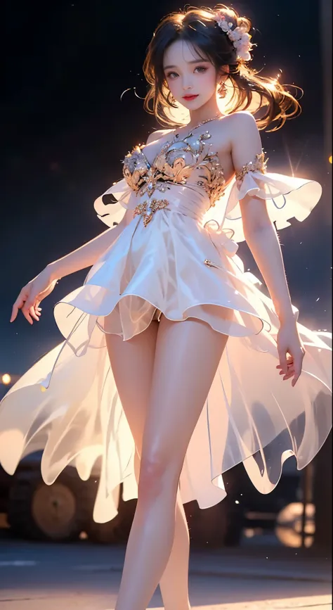 luminescent, ((bare shoulders)), ((whole body)), actual, Fashion girl, red lips, mature women, cosmetics, big eyes, beautiful eyes, ((whole body)), ((from below)), (best quality, masterpiece:1.2), super detailed, (actual:1.37), ((Sexy long legs)), beautifu...