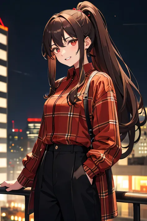 1girl,20y.o,using brown checkered shirt with black trousers,brown hair,mullet haircut,long hair,ponytail hairstyle,light red eyes,night city background,facing forward position with a happy expression