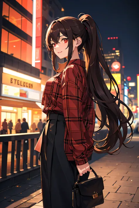 1girl,20y.o,using brown checkered shirt with black trousers,brown hair,mullet haircut,long hair,ponytail hairstyle,light red eyes,night city background,facing forward position with a happy expression