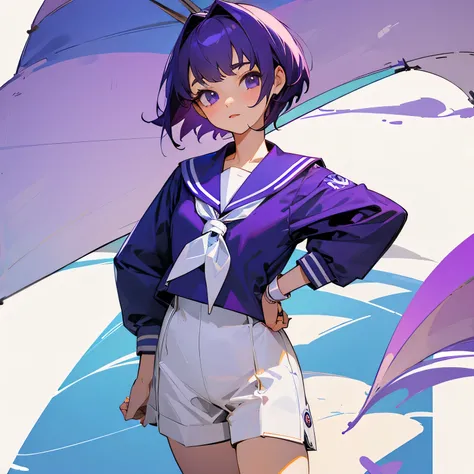 Purple short hair girl 17 years old sailor suit talking