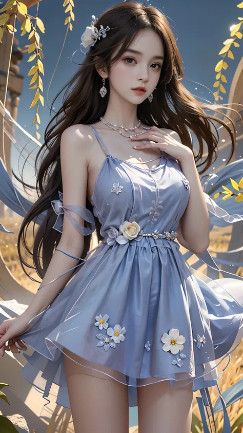 sweet girl clothes2,pearl necklace,blue dress,flower,  masterpiece，best quality，high质量，high清晰度，high质量的纹理，high质量的阴影，high细节，beauti...