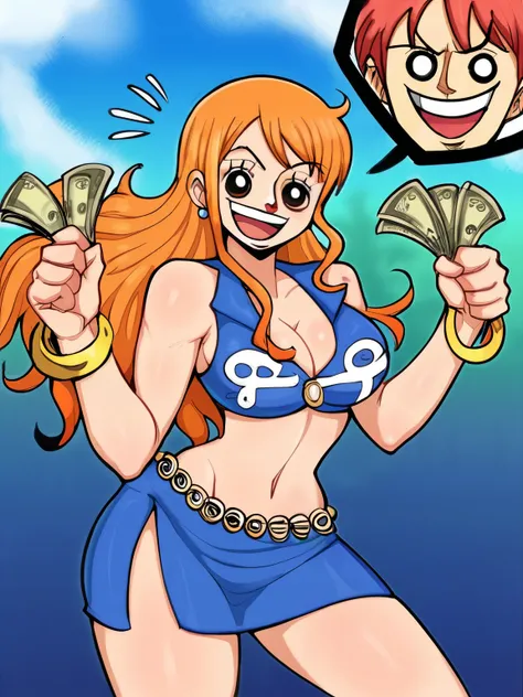 fonte_anime,punctuation_9_acima,punctuation_9, punctuation_8_acima, punctuation_7_acima,
nami From the anime one piece in front of the screen, blinking and with money notes between her breasts and one hand on her waist and the other holding a coin