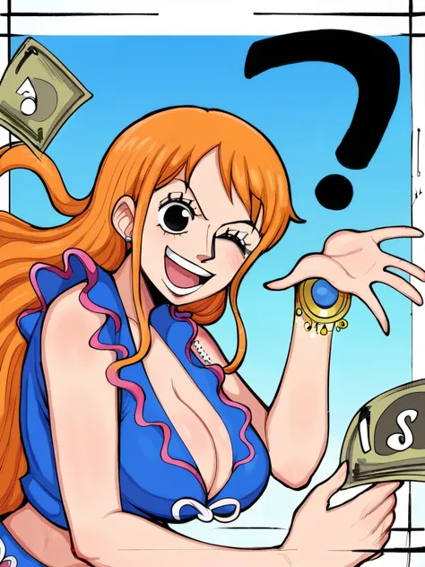 fonte_anime,punctuation_9_acima,punctuation_9, punctuation_8_acima, punctuation_7_acima,
nami From the anime one piece in front of the screen, blinking and with money notes between her breasts and one hand on her waist and the other holding a coin