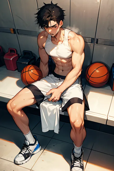 shirtless, super muscular, sweat-drenched body, dripping with sweat, 22-year old short black hair handsome caucasian male wearing sweat-drenched white basketball shorts and rubber shoes, panting, sitting on the bench, very exhausted, drenched with sweat, b...