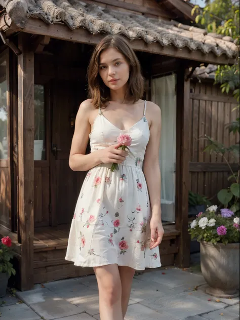 ((Best quality)), ((masterpiece)), (detailed), perfect face , Woman 50 years old, fashionable haircut, Brown hair, dressed in a long light dress, standing on the terrace of a beautiful wooden house with a rose flower in his hand