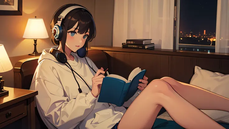 Girl wearing headphones in her room、With a cup of coffee、reading a book、The background is a night city