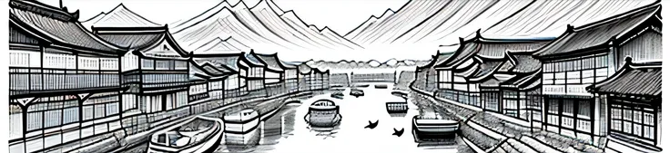 only black and white clour drawing of a river with boats and buildings in it, cg society contest winner, modern european ink painting, chinese brush pen illustration, dreamy chinese town, detailed art, highly detailed illustration, traditional korean city,...