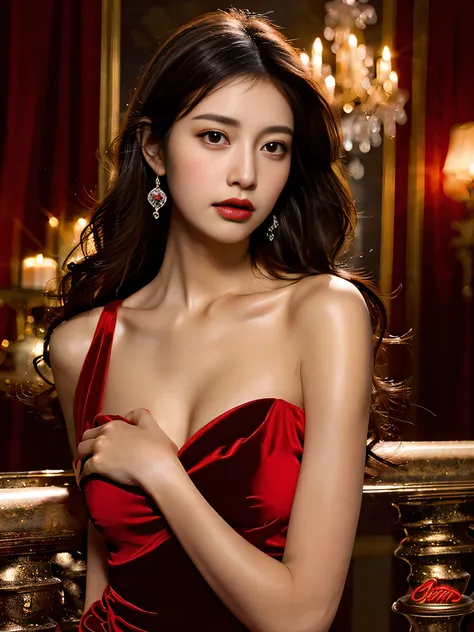 Top Quality, Masterpiece, Ultra High Definition, (Photorealistic: 1.4), Raw Photo, 1 Girl, Dark Hair, Glossy Skin, Dramatic Lighting, Full Body,, Red Dress, Colossal