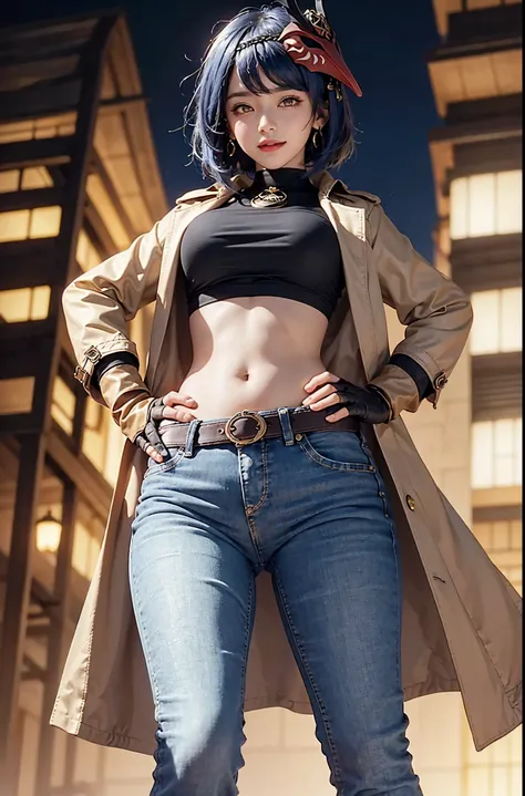 (long leather trench coat, crop top, long skinny jeans, iron belt, big earrings, heels), ((midriff, navel)), smile, looking at viewer, night city, (cinematic lighting, best quality, masterpiece, high details, best quality, highres, HD, 4K, 8k, super detail...