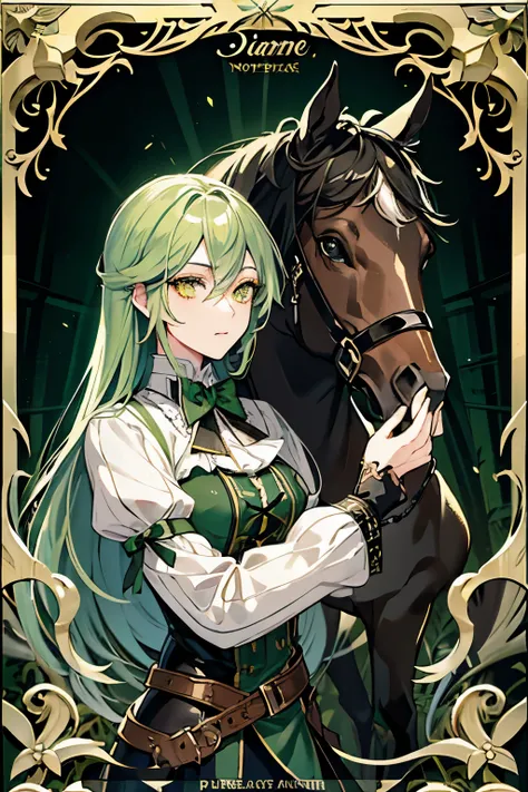 male　green hair　yellow eyes　steampunk　garden　Black Horse　carriage　noble　masterpiece　Highest image quality　noise removal　clear parts 　cinematic shadow　Increases the attractiveness of the eyes　clear parts the shine of the eyes　draw eyelashes neatly　perfect e...