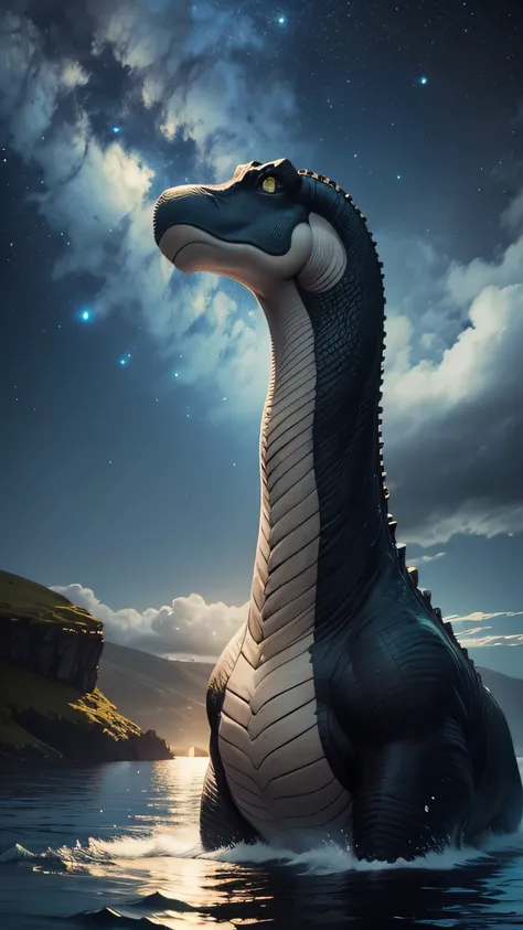 Scotland loch ness monsters, Brontosaurus in the water, night sky, 8k