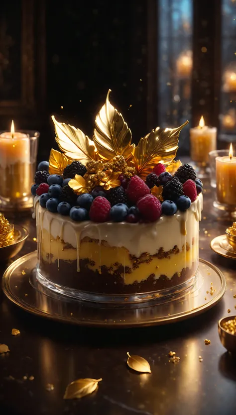 ((Masterpiece in maximum 16K resolution):1.6),((soft_color_photograpy:)1.5), ((Ultra-Detailed):1.4),((Movie-like still images and dynamic angles):1.3). | (Macro shot cinematic photo of delightful dessert with micro gold leaf), (edible micro gold leaf), (fo...