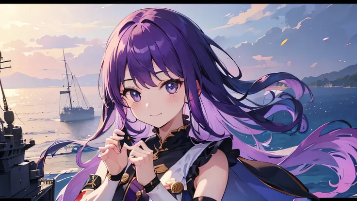 (T Masterpiece，4k wallpaper，best quality))、((girl１people))、(solo)、Shining and vivid，(purple hair)、(shortcut:1.3)、smile、military people、naval battle、battleship