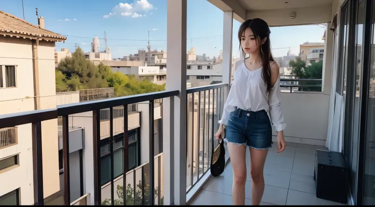 highest quality　one girl　balcony