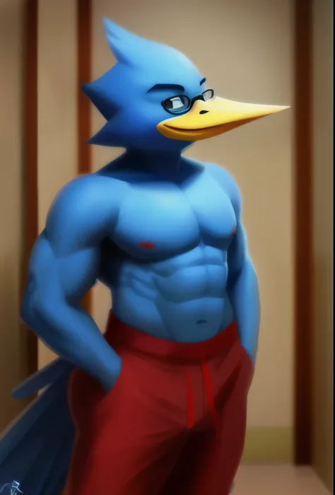 (best quality, masterpiece:1.2), Berdly, male, (solo) Berdly from Deltarune, glasses, standing, arms over head, shirtless, boxers, trousers, shirtless, abs, muscles, dynamic pose,(thick thighs, wide hips:1.1), black pupils, blue bird, blue bird boy, avian,...