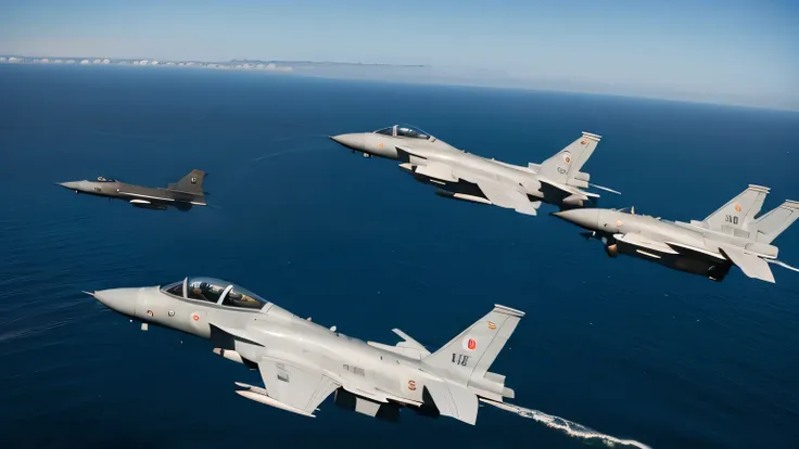 Four Royal Air Force Typhoon fighters dive down