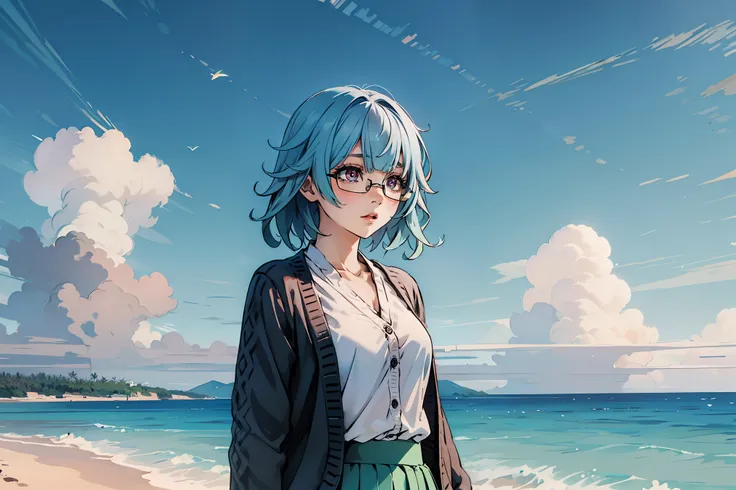 sarashiki kanzashi,1girl,solo,short hair,blue hair,red eyes,glasses,bangs,medium hair,
BREAK (green skirt, open cardigan, black cardigan:1.2),
BREAK (outdoor,Blue sky,White cloud,beach,shore,seawater:1.2)
BREAK facing away, looking back, ((upper body)), st...