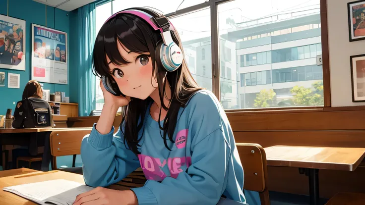 In an atmosphere reminiscent of 1980s city pop、Create an image of a girl studying in a coffee shop。She is wearing retro headphones with vivid colors.、Concentrated on an old wooden table。On the table is an open textbook and a notebook、Colorful writing imple...