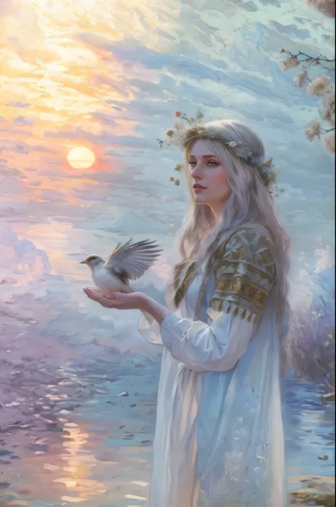 fantasy portrait of the character, Ancient Russian goddess Lada, dressed in a white shirt with embroidery, on her head a wreath of wildflowers, standing in the bank of a forest river, holding a magic bird in her hand, looking at the sunrise, nature is waki...