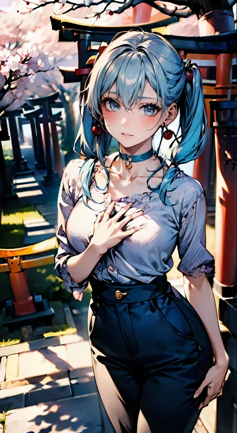 (masterpiece:1.2, highest quality, 8K, advanced details), (realistic, photorealistic:1.4), beautiful illustrations, 
looking at the viewer, whole body, Front view:0.6, 
((1 mature woman, 32 years old)),  Japanese, ((light blue hair, Twin tails in a high po...