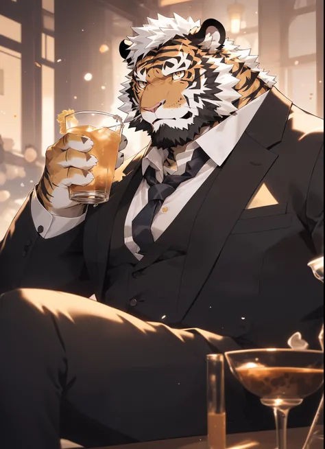 hairy，（tiger）（black suit：1.3）beard，Golden fur，male，Common，（Drink tea from a cup），极其lifelike阴影，masterpiece，Very detailed，lifelike。