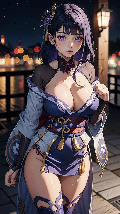 Masterpiece, high quality, blurry background, hd, 4k, night,raidenshogundef, large breast, outdoors, standing, blush, looking at viewer, dynamic poses, 