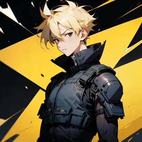 1man solo, standing, short hair, bulletproof vest, Small eyes, animated eyes, (bakugo katuki:0.65), blonde, black eyes, (28 years old:1.2), (spiked hair:0.8), upper body, black background, fair skin, tall, (serious look:1.1)