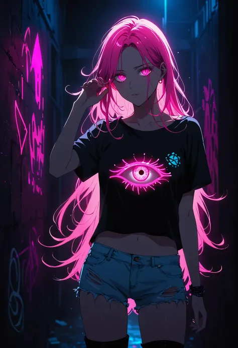 (Portrait of a mysterious giant eye)，indoor，Fluorescent illumination，(((Darkness shrouded)))，Wall background，black background，silhouette，shadow，extreme darkness，Minimalist graffiti style background，Fluorescent pink eye graffiti，Dark atmosphere，cowboy shot,...