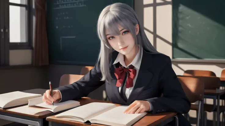 high quality, 4k, best detailed, heavily shadow and light, 1girl, university outfit, she has grey hair and dark red eyes, shes in the classroom, focusing on her study, shes sitting and writing.