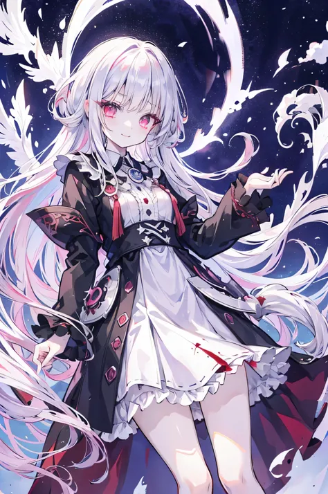 young girl、human、Magician always smiling 、cute、long white hair、Red eyes and hollow eyes、bangs are heavy、thin eyebrows、fantasy、intake、double teeth、star motif、Seiza motif、Monochrome clothing-style decoration、cape、A little dark atmosphere、A little crazy smile...