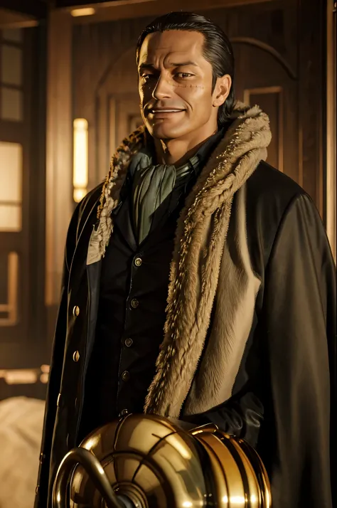 masterpiece, best quality, extremely detailed, hyperrealistic, photorealistic, a cool 40s man, ultra detailed face:1.2, fur-trimmed coat, scarf around the neck, his left hand is a golden pirate hook:1.1, japanese style room:1.3, sly smile, tatami, shoji
