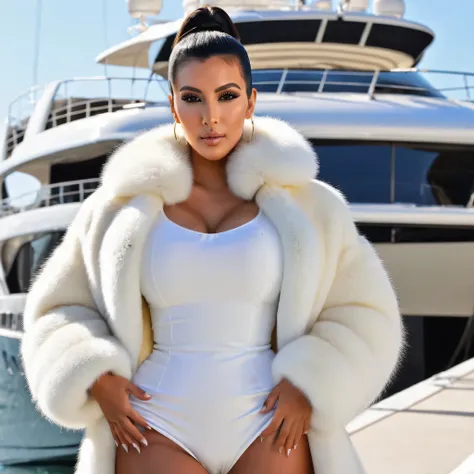 A very wide and very thick, very short white fox fur coat, fifty centimeters thick, duveteux, naturel, with an ultra thick white and sand mink fur collar, three layers, sur Kim Kardashian, fully nude front view, bare shoulders, and two large breast discove...