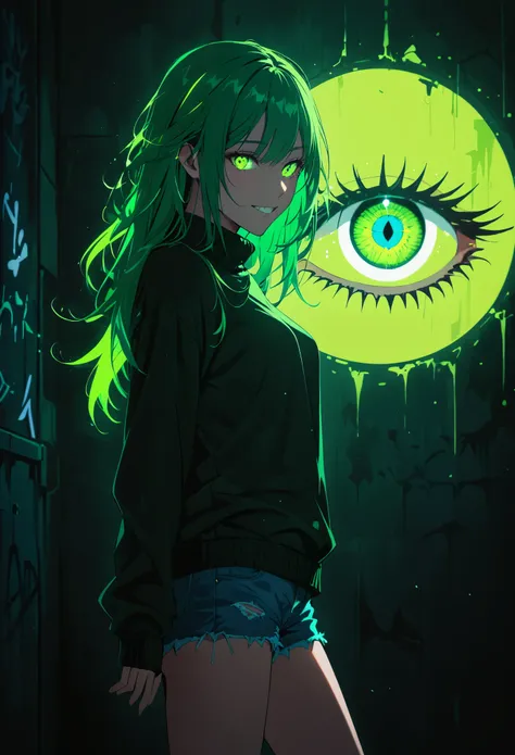 (Portrait of a mysterious giant eye)，indoor，Fluorescent illumination，（Darkness shrouded，Wall background，black background，silhouette，shadow，extreme darkness：5.0），Minimalist graffiti style background，Fluorescent green eye graffiti，Dark atmosphere，cowboy shot...