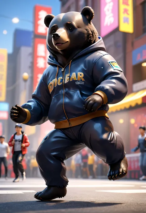 Full body Esbian、Cool black bear、Pop Black Bear、Diorama、simple background、Street Dancer Fashion、best quality, Capture super cute moments, Depth of the bounds written, Super detailed, Super high resolution, Octadale, 8K, 16 km race