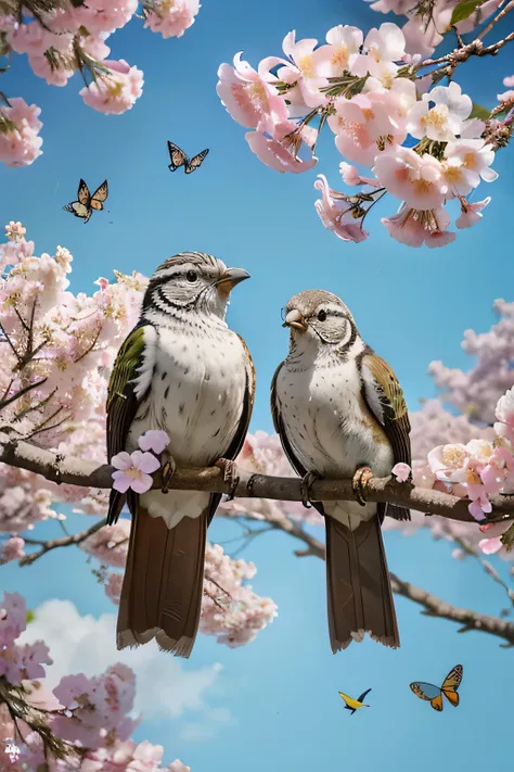 painting of two birds sitting on a branch with flowers, colorful birds, mystical birds, high resolution color picture, birds on cherry tree, very detailed birds, birds and butterflies, by Lee Kieran, tropical birds, birds, butterflies and birds, color pict...